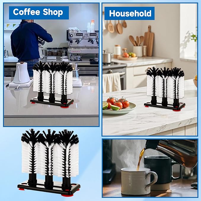 STARVAST 2Pcs Water Bottle Cleaning Brush with Suction Base, Black 3 Head Bristle Bar Glass Washer, Cup Washer Brush Cleaner for Bar Beer Cup, Wine Glass(7.3 x 3.7 x 7.6) Inch