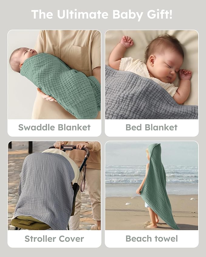 Yoofoss Hooded Baby Towels for Newborn 2 Pack 100% Muslin Organic Cotton Baby Bath Towel with Hood for Babies, Infant, Toddler and Kids,37.5“x37.5“,Soft and Absorbent Newborn Essential,Grey&Dark Green