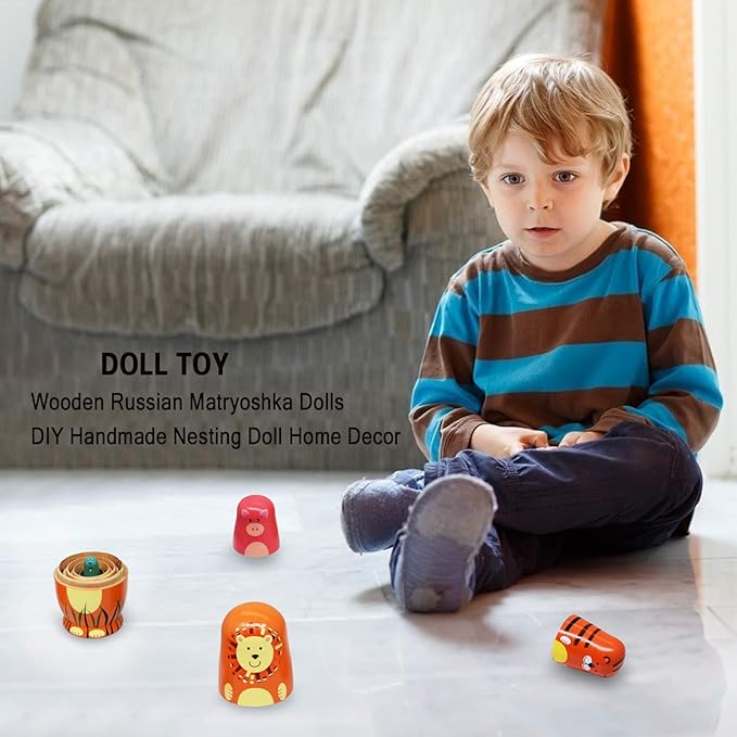 Tphon Russian Nesting Dolls Wooden Matryoshka Dolls for Kids Handmade Cute Cartoon Animals Pattern Nesting Doll Toy Stacking Doll Set of 5