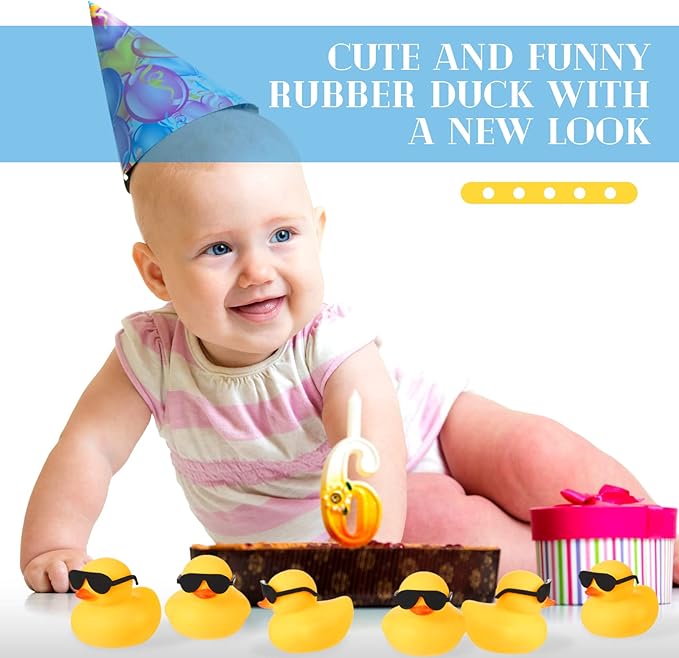 Chivao 12 Pcs Rubber Ducks with 12 Sunglasses/ Hats/ Headwear Small Mini Carnival Cruise Birthday Rubber Duckies Bathtub Toys in Bulk(Duck with Sunglasses,Yellow)