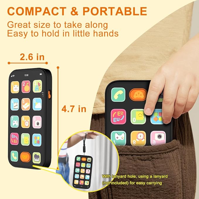 Bilingual Baby Phone with Sounds and Light, English/Spanish, Fun Early Learning Kids Smart Phone Toy for 6-12 Months, Gift for 1 Year Old Boys Girls Toddler Infant, Black