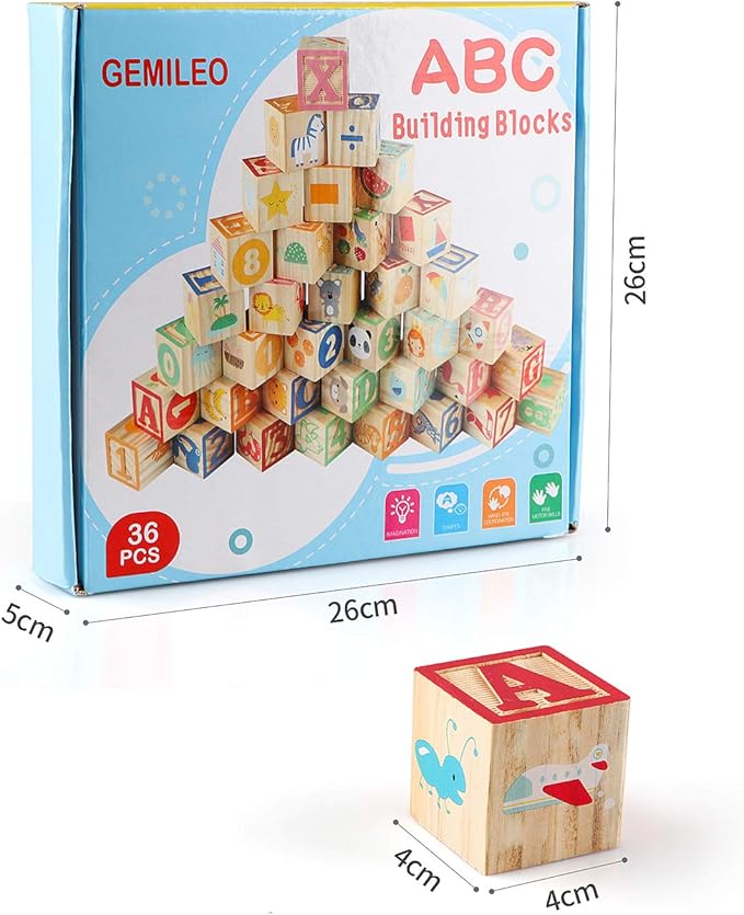 Wooden ABC Toy Building Blocks for Toddlers 1-3 36 PCS Wood Alphabet Number Blocks for Stacking Learning Preschool Educational Montessori Sensory Toys for Kids Boys Girls Gifts 1.7"