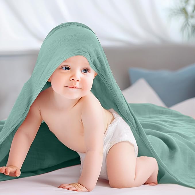 Preboun 6 Pcs Muslin Hooded Baby Towels and Washcloths 32"x 32" Cotton Newborn Bath Towel Anti-Shrink Infant Baby Blankets with Hood 12"x 12" Washcloths for Girl Boy Toddler(Green,Blue)