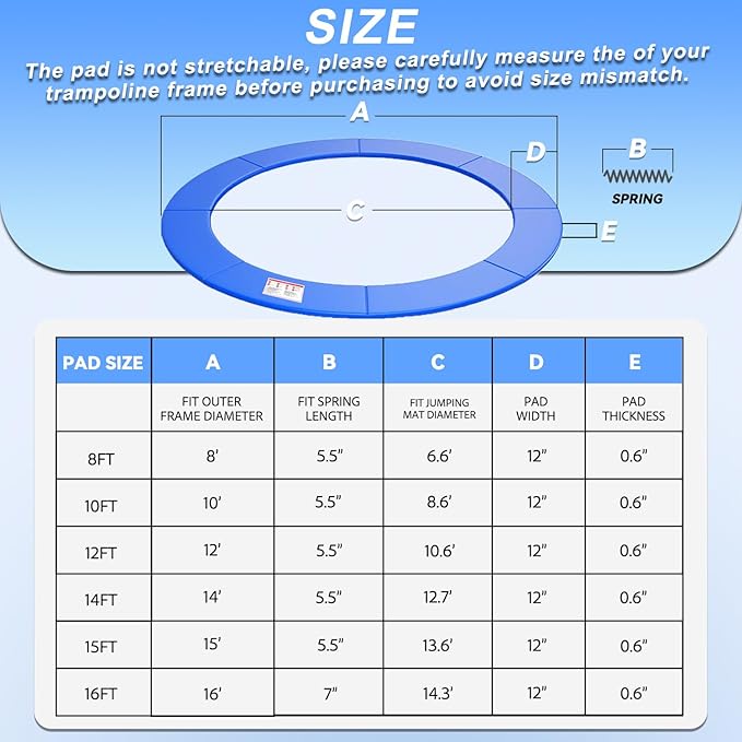 Trampoline Replacement Safety Pad, 8ft 10ft 12ft 14ft 15ft 16ft Trampoline Spring Cover with Foam Padding, No Holes for Poles, Round, Blue