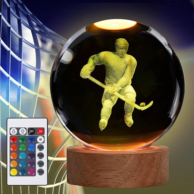 Hockey Night Light, Ice Hockey Gifts, Hockey 3D Crystal Ball Night Light with Remote Upgraded 3.15 Inch Lamps with 16 Color for Birthday Xmas Cool Figurines Gifts for Room Decor Boys Girls