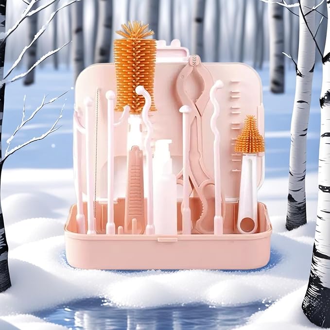 8-in-1 Baby Bottle Cleaner Set, Nylon & Silicone Bottle Brush, Cap, Straw & Nipple Brushes, BPA-Free, Includes Storage Case & Drying Rack Pink -1
