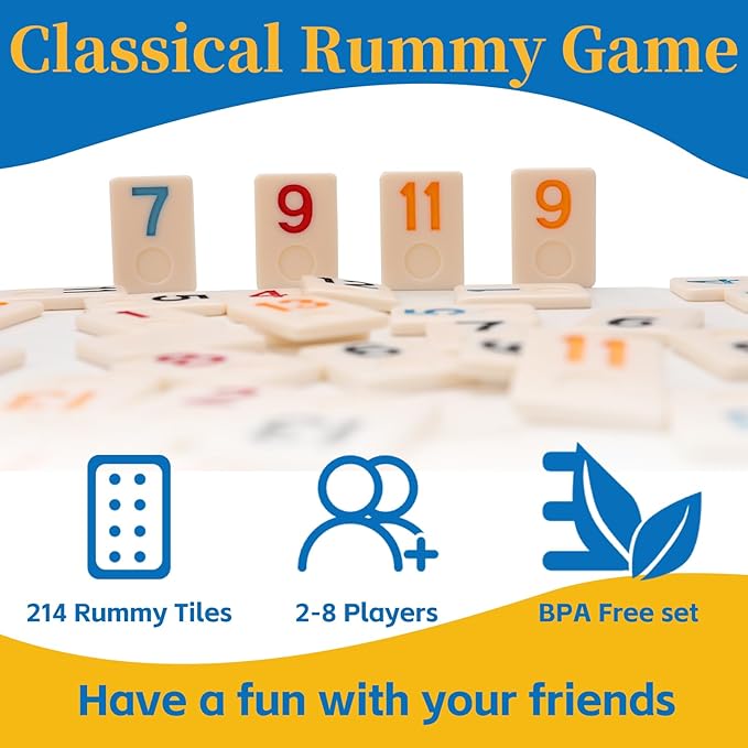 Upgraded Rummy Cube Game Set 6-8 Players with 8 Wooden Holders and 214 Rummy Tiles, Travel Family Board Game for Adults and Kids