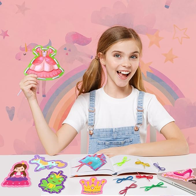 Zonon 8 Pieces Kids Lacing Cards Sewing Cards in 8 Patterns Lacing Games for Developing Imagination Education Supplies Children Sewing Game Favors (Princess, Castle Style)