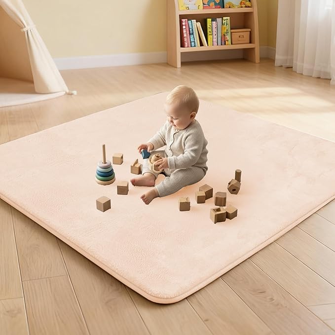 ACOMOPACK 1.3" Thick Baby Play Mat for Floor 50x50"-Memory Foam Water-Repellent Playpen Mat for Tummy Time,Non-Slip Soft Velvet Nursery Rug for Kids,Toddlers,Infants Crawling(Blush)