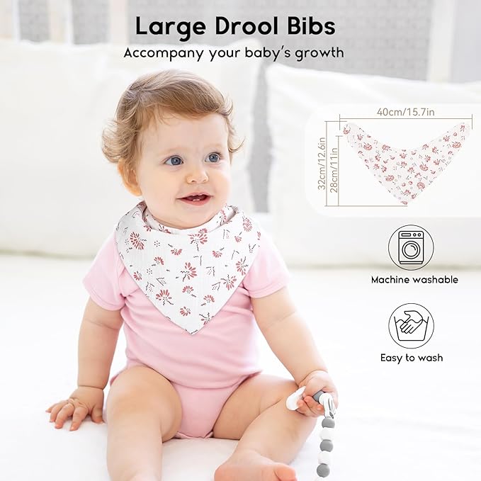 Yoofoss Muslin Baby Bibs 10 Pack 100% Organic Cotton 6-Layer Soft Absorbent Drool Bandana Baby Bibs for Drooling and Teething for Boys and Girls, Pink Flower