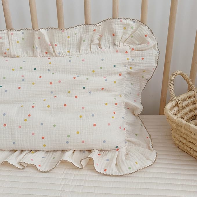 BuLuTu Kids Toddler Pillowcases Muslin Cotton Toddler Pillow Cases Colorful Dots Pattern, Girls Boys Bedding Pillow Covers, Soft Breathable Pillow Protector Envelope Closure,1 Piece,14"x20"