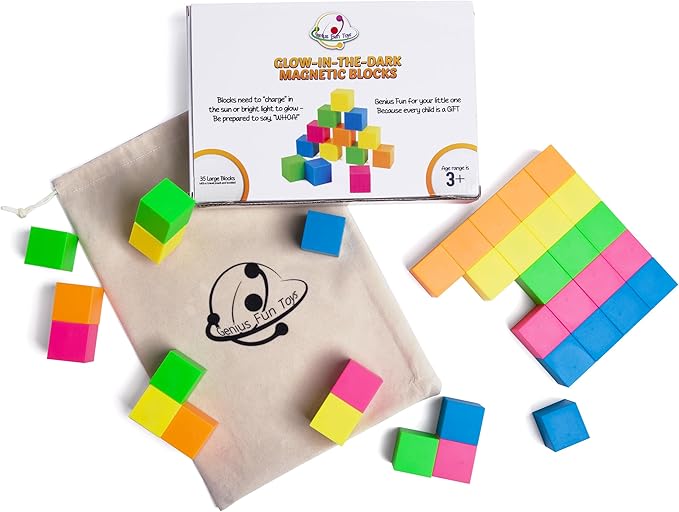 Glow in The Dark Toys Magnetic Building Blocks 35 PCs Neon Block โ Safe Magnet Blocks for Kids & Toddlers Aged 4-8 | Magnetic Building Cubes w/Manual & Travel Pouch โ STEM Educational Toys
