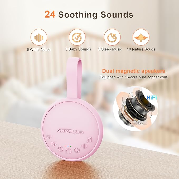White Noise Sound Machine for Sleeping Adults & Baby, Portable Noise Machine with 24 Soothing Sounds, Bluetooth 5.1, Battery Powered, 3 Timer Settings, Memory Function for Home, Office, Travel(Pink)
