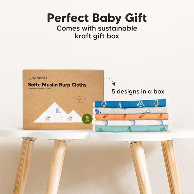 5-Pack Muslin Burp Cloths Baby Boy, Girl - Very Absorbent Baby Burp Cloth Rags, 8-Layers Viscose Derived from Bamboo Cotton Muslin Towel, Super Soft Spit Up Rags, No Shrink Washcloths (Cosmo)