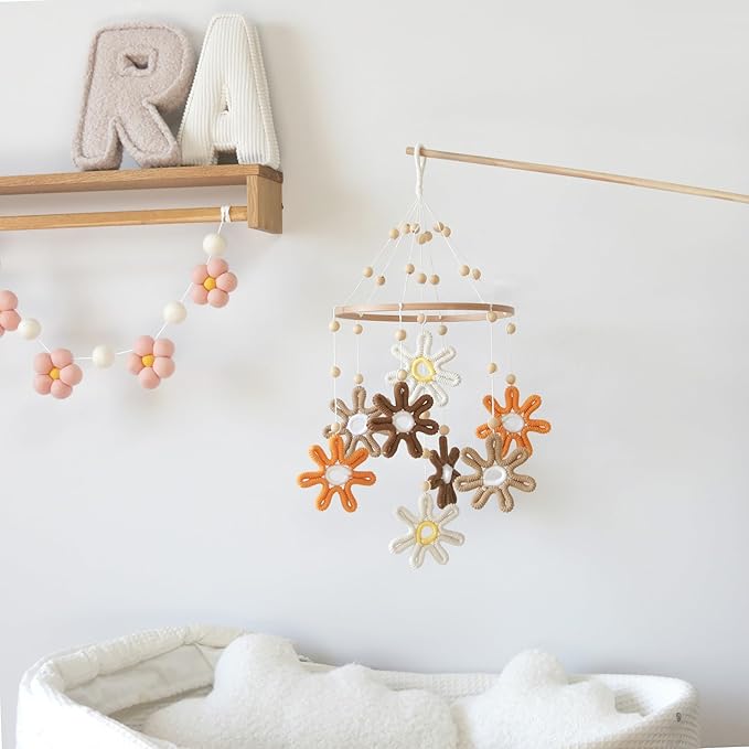 Woven Daisy Crib Mobile for Girls Boys, Daisy Mobile for Crib Boho Baby Mobile Daisy Flower Mobile for Crib Girl