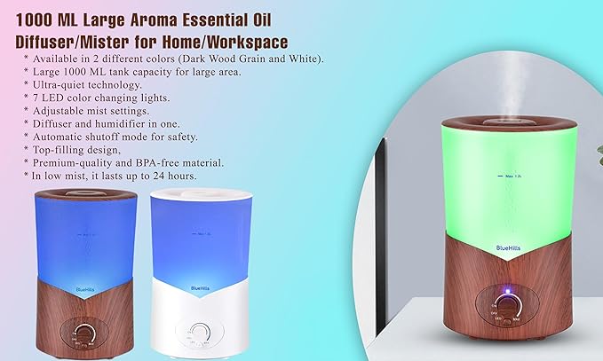BlueHills Premium Large 1000 ML XL Essential Oil Diffuser Dark Wood Grain Aroma Humidifier 1 Liter Capacity for Big Room Home Long Run Kids Huge Coverage Area Quiet High Mist Output Large 1L A3