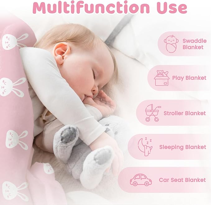 Rabbit Minky Baby Blanket 30 x 40 Inches for Girls, Soft Plush Receiving Blanket with Dotted Back, Gift for Toddler Newborn Infant Christmas Birthday Baby Shower