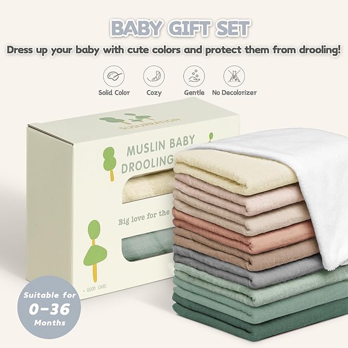 Susurration Muslin Baby Bibs 10Pack Baby Bandana Drool Bibs Soft Adjustable Newborn Bibs for Unisex Baby Girls & Boys (Greygreen)