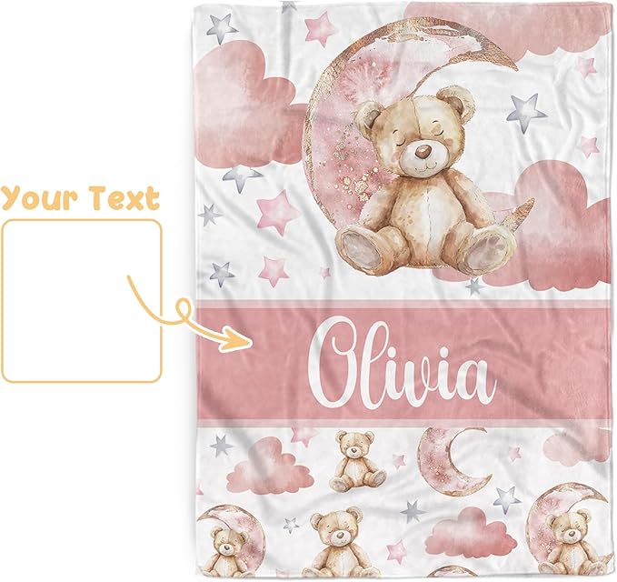 Personalized Baby Blanket – Custom Name Blankets for Newborns Boys Girls, Double Layer Dotted Backing, Pink Bear Flannel Receiving Swaddle, Sweet Custom Baby Gifts for Shower Birthday(30"x40")