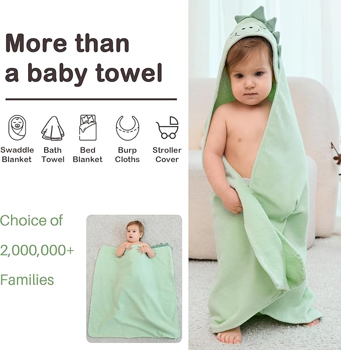 Viviland 2 Pack Hooded Baby Towels, Soft 100% Cotton Baby Bath Towels with Hood, Extra Thick and Absorbent, Essential for Newborns, Kids, Infants - Girls and Boys (Dinosaur & Fox)
