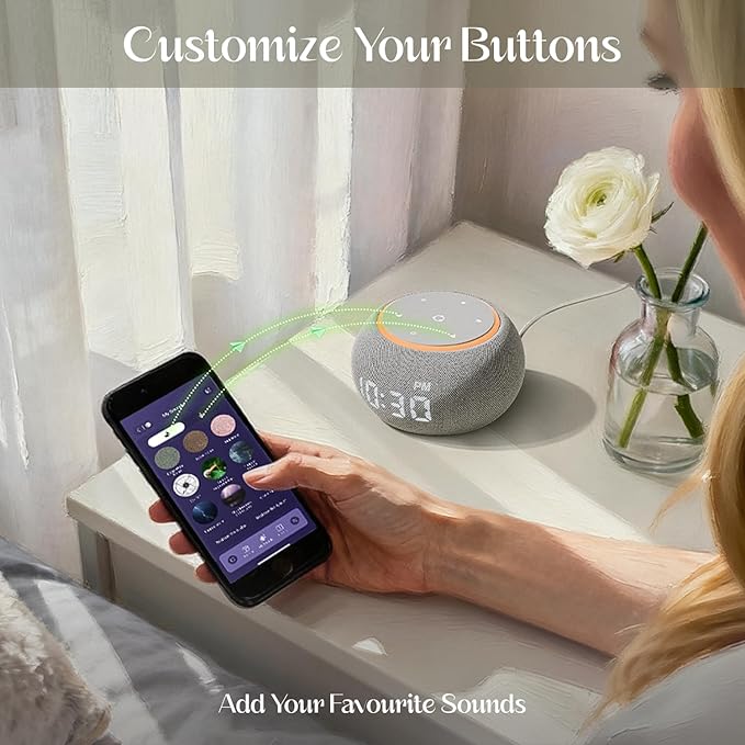 White Noise Sound Machine for Sleep, Dual-Stage Alarm&Snooze, Smart App Control, Custom Buttons, 500+ Non Looping Soothing Sounds, Dimmable Clock, Timer, Night Light, Lullaby, for Baby Adults Kids