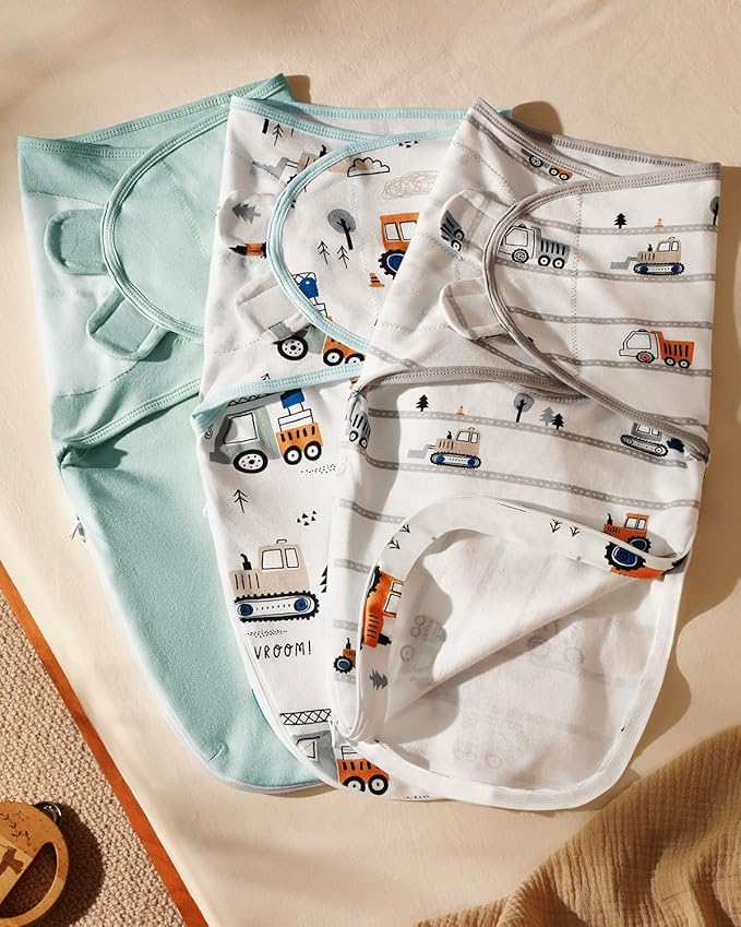 Baby Swaddles for Newborns with Zipper, 100% Cotton Newborn Swaddle Sack, 3 Pack Baby Swaddles 0-3 Months Swaddle Sleep Sack for Newborn Baby Boy Girl Green Excavator