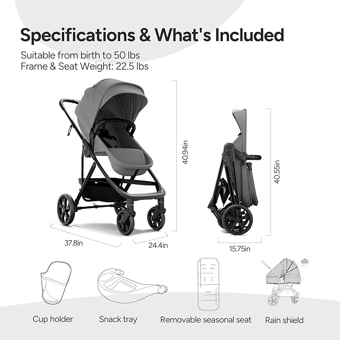 Mompush Wiz Pro 4-in-1 Baby Stroller with Bassinet Mode, Full-Size All-Terrain Premium Stroller from Newborn to Toddler, Snack Tray Included for Easy Feeding & Outing, Lay-Flat in Seconds