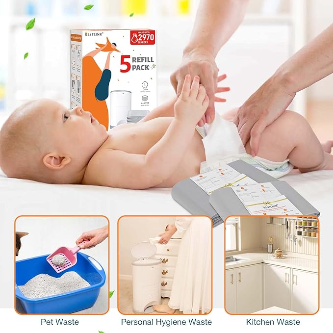 8 Pack Refills Compatible with DEKOR CLASSIC Diaper Pails | 20% Extra Length Diaper Pail Refill Bags Liners Holds 4752 Diapers | Ultimate Odor Control with Baby Scented