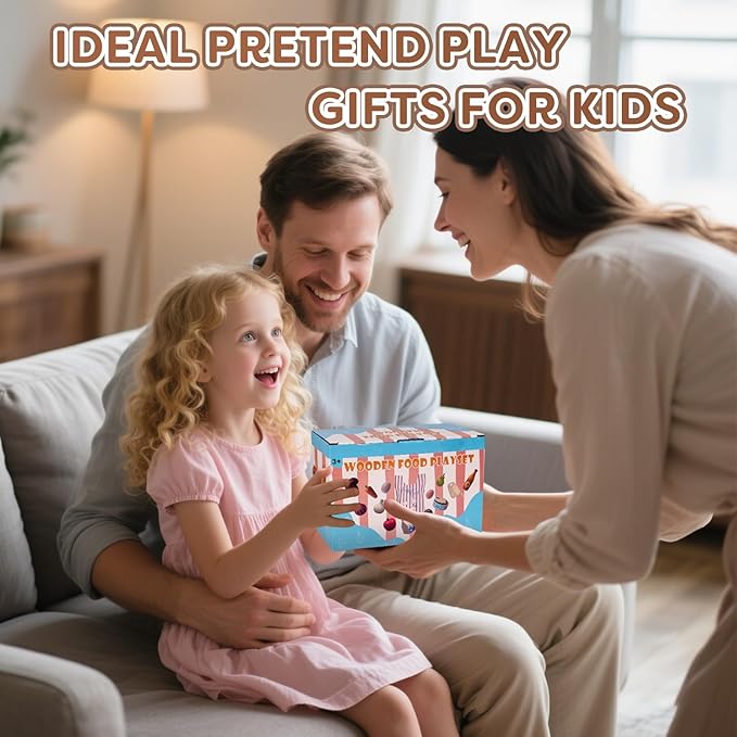 Wooden Play Food Toys for Kids - Pretend Play Kitchen Accessories Toy Set for Toddlers, Cutting Fruits Vegetables Toys Gift for Boys Girls Ages Over 3 Year Old