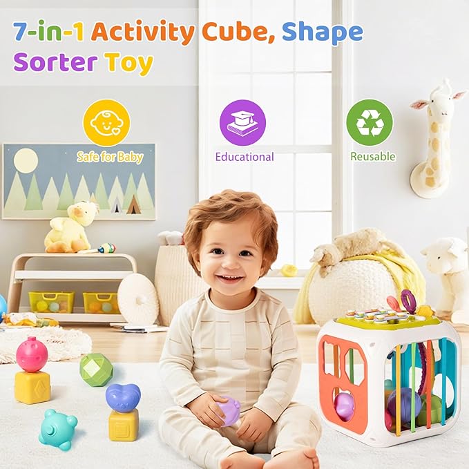 7 in1 Sensory Development Multifunctional Sensory Teething Toys for 2 Year Old Boy Girl,Shape Sorter Pull String Travel Car Toys for 18 Month