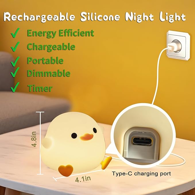 HAPPYBAG Cute Pea Duck Night Light,Duck Lamp,2 Levels Dimmable Silicone Ducky Light,LED Squishy Animal Light for Kids Sleep,Rechargeable Bedside Touch Lamp, Kids Room Decor Gift Toy