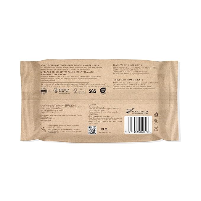 Terra Bamboo Baby Wipes: Manuka Honey, 99.5% Pure New Zealand Water, 100% Biodegradable Bamboo Fiber, 0% Plastic, Unscented Baby Wipes for Sensitive Skin, 12 Packs of 70 Wipes