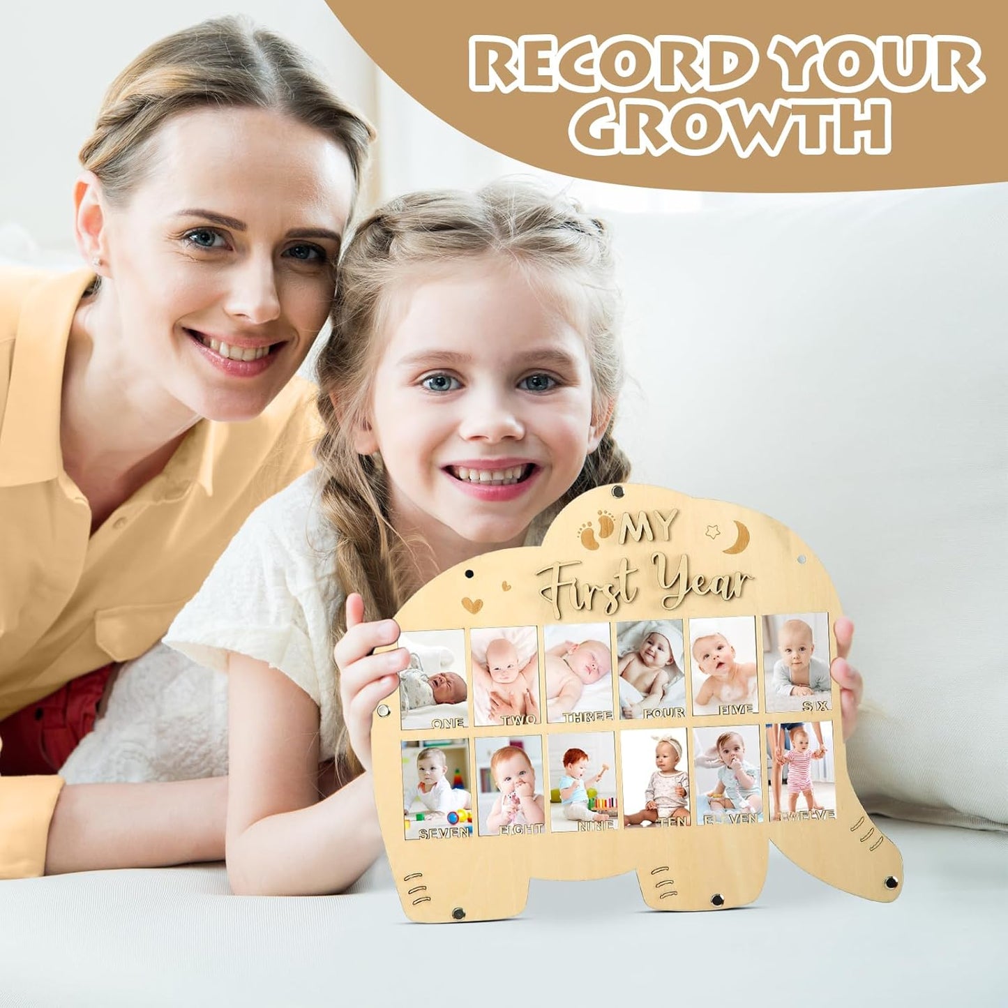 My First Year Picture Frame,One Year Of Photo Board, Baby's First Twelve Months Photo Collage and Gender Neutral Keepsake, Ideal for Baby Shower,New Mom Keepsake Gift and Nursery Decor - With Stand (Elephant sign)