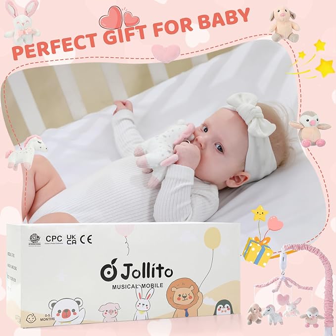 JOLLITO Crib Mobile for Girls, Soft Pink Musical Baby Crib Mobile with 12 Lullabies, Rotating Arm and Detachable Plush Animal Toys, Nursery Decor Baby Mobile for Crib Toys Bassinet
