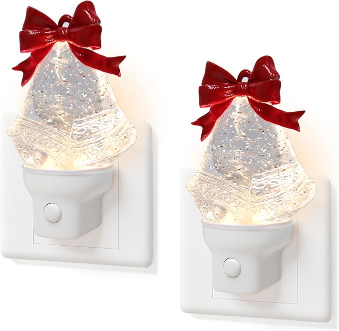 2 Pack Christmas Bell Night Light Plug into Wall Glitter Water Nightlight with USB/Outlet Options, Christmas Decorative Nightlight for Bedroom Kitchen Nursery Holiday Decorations Gifts (Bell)