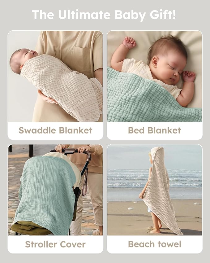 Yoofoss Hooded Baby Towels for Newborn 2 Pack 100% Muslin Organic Cotton Baby Bath Towel with Hood for Babies, Infant, Toddler and Kids, 37.5“x37.5“, Soft and Absorbent Newborn Essential,Apricot&Green