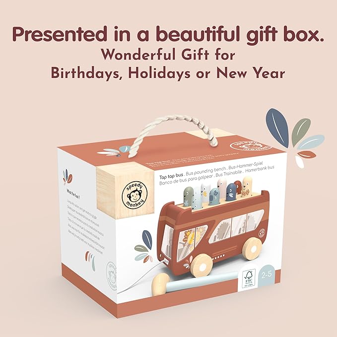 Speedy Monkey Bus Pounding Bench, Pull-Along Bus with Hammering Activity, 8 Wooden Characters, Enhances Hand-Eye Coordination, Safe Design, Non-Toxic Paint, Educational Toy for Kids 2-5 Years