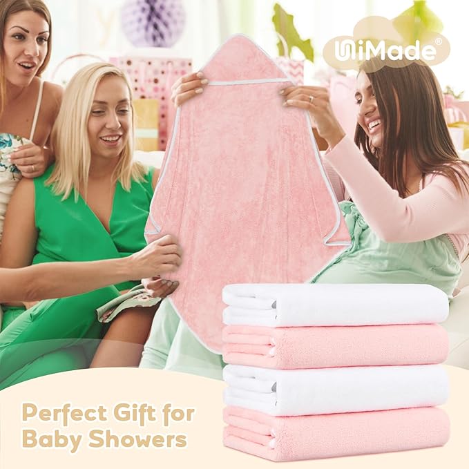 Hooded Towel for Newborn, 4 Pack Soft Coral Fleece Baby Towels, Ultra Absorbent Bath Cloths Bulk for Infants, Toddlers, Newborn Essential- 30 x 30 inch - Pink & White