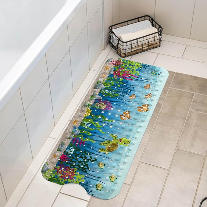 LNOND Sea Turtle Bath Mat for Tub for Kids, Ocean Bathtub Mat, Kids Bath Mats for Bathroom Non Slip with Drain Holes and Suction Cups,Machine Washable (40 X 16 Inch)