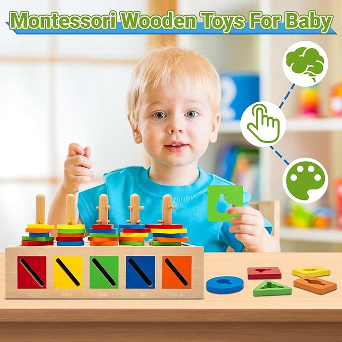 Montessori Wooden Sorting Stacking Toys Color Recognition Shape Sorter Building Blocks Shapes Puzzle for Toddlers 1-3 Fine Motor Educational Toy Sensory Toys for 1 2 3 4 5 Years Old Kids