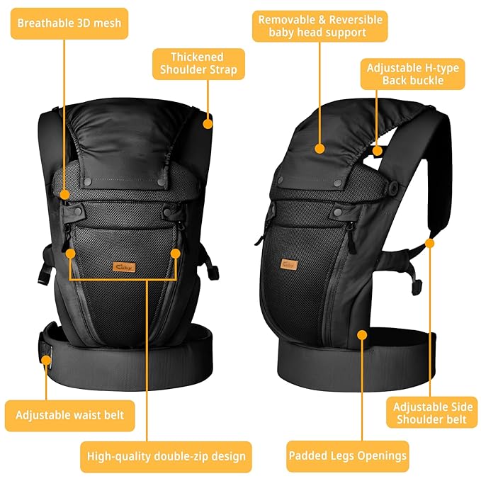 CUBY Newborn Baby Carrier with Head Support and Sunshield, Breathable & Easy Adjustable Newborn Toddler Front Baby Carriers Sling,Hands-Free Newborn Carrier up to 40lbs(Black,Upgraded-with Waist Belt)