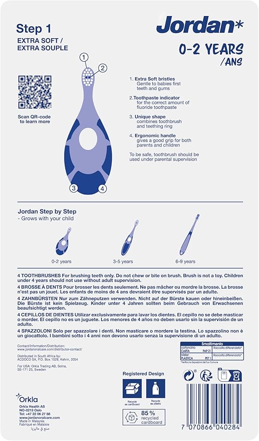 Jordan* ® | Step 1 Baby Toothbrush | 0-2 Years, Soft Bristles, BPA Free | Pink & Purple | 4 Pack