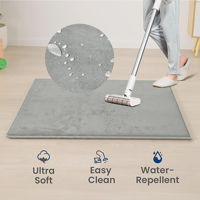 Baby Play Mat for Floor,Extra Large 79"×118" Playroom Mat,Thicker Memory Foam Classroom Mats for Toddler,Infant,Kids,Water Repellent Ultra Soft Coral Velvet,Non-Slip Backing Safe for Crawling(Light Grey)