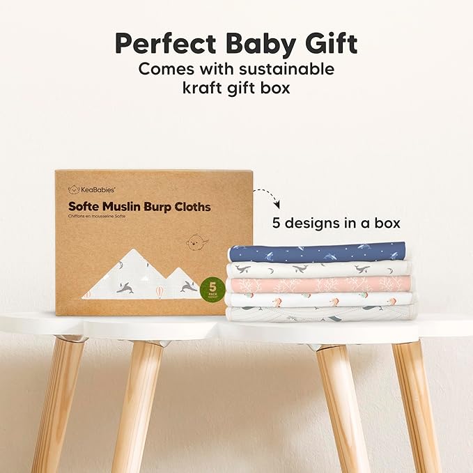 5-Pack Muslin Burp Cloths Baby Boy, Girl - Very Absorbent Baby Burp Cloth Rags, 8-Layers Viscose Derived from Bamboo Cotton Muslin Towel, Super Soft Spit Up Rags, No Shrink Washcloths (Marine Muse)