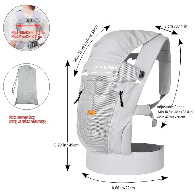 CUBY Newborn Baby Carrier with Head Support and Sunshield, Breathable & Adjustable Newborn Toddler Front Baby Carriers, Hands-Free Newborn Carrier up to 40lbs(Light Gray, Upgraded-with Waist Belt)