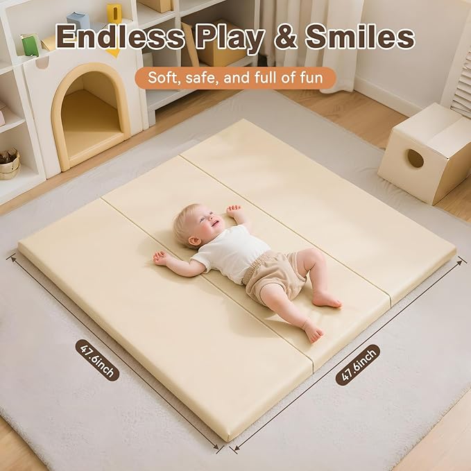Foam Baby Play Mat: PU Leather Waterproof Kids Playmat - Trifold Floor Mat - Large Play Mat for Playpen Thick Pad Fodable Mattress Soft Toddler Mattress Infant Cushion for Preschool (Beige)