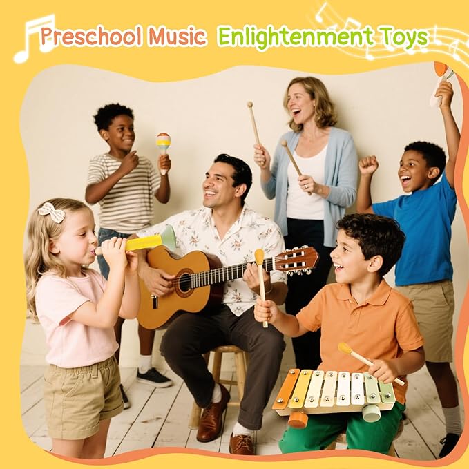 Musical Instruments 7PCS Baby Musical Toys for 18M+ Toddler Boy Girl Toys 2 3 Years Old Wooden Xylophone Maraca Trumpet Rattle, etc. (Storage Bag Included)