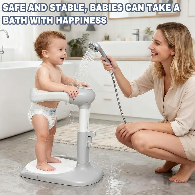 Baby Shower Stand Adjustable Toddler Shower Standing Support with Anti-Slip Base Infants Bath Support for 8-36 Months Portable Bath Helper (Grey)