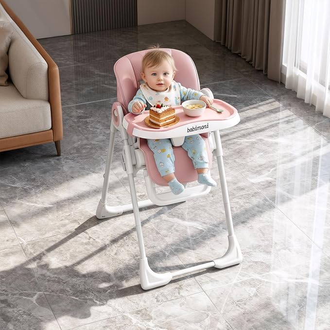 4 in 1 High Chairs for Babies and Toddlers, Foldable Baby High Chairs, Feeding and Eating Seat Highchair with 4 Levels of Recline and 7 Levels of Height Adjustment, Pink