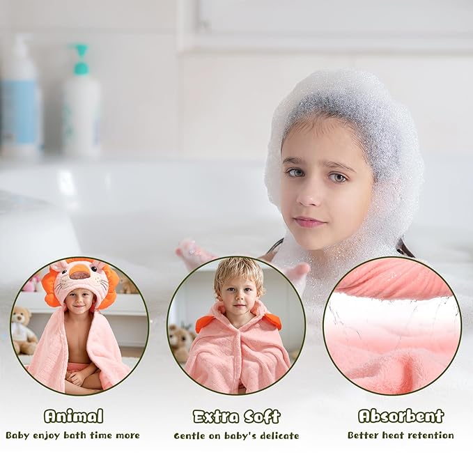 2-Pack Animal Hooded Bath Towels for Babies & Kids 0-6 Years, 50x32 Inch Ultra Soft Coral Fleece Baby Towel Set, Super Absorbent, Bath Time Essentials with Cute Animal Ears, Gift Ready